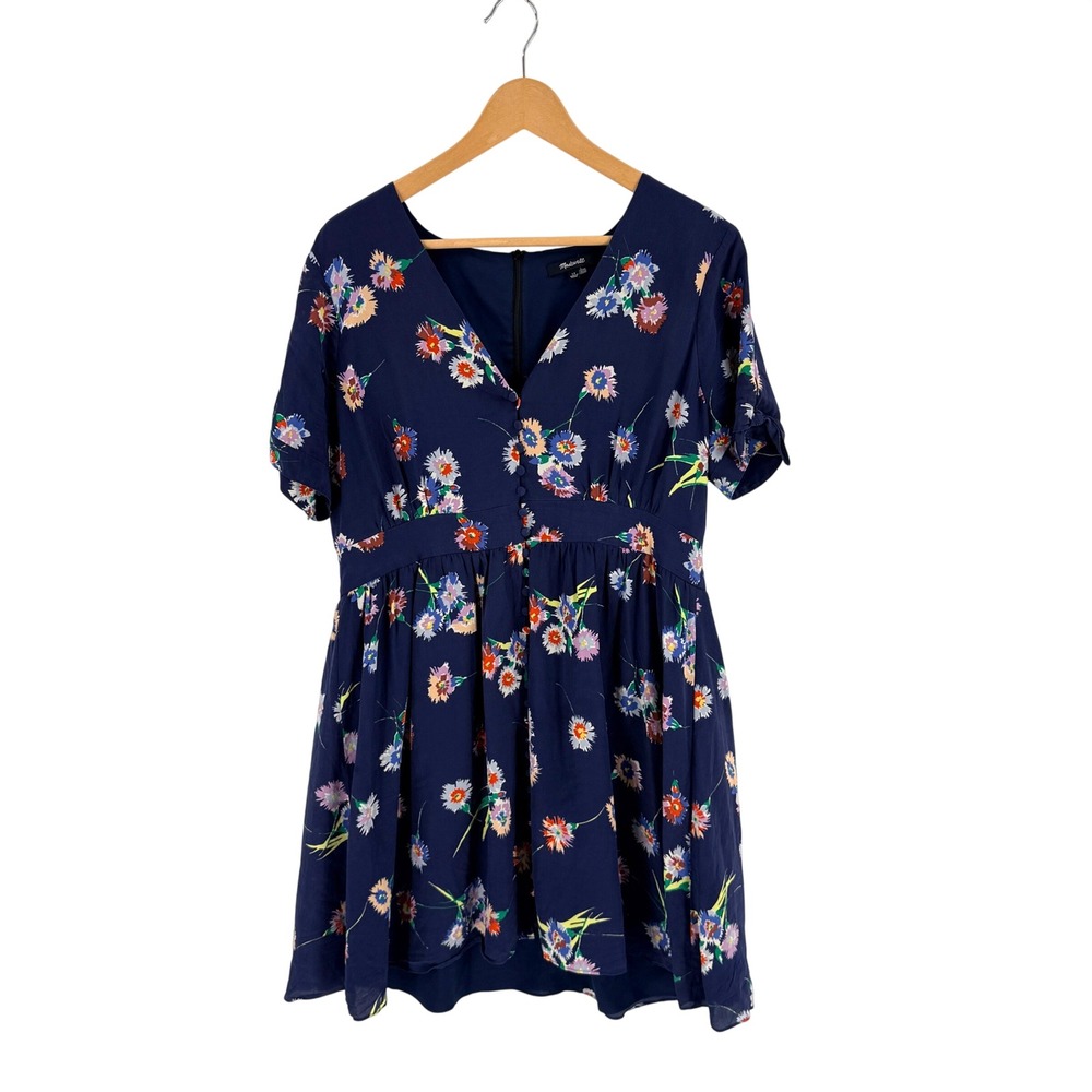 Madewell Silk Button-Front‎ Mini Dress Navy Blue Floral 12 Cottagecore